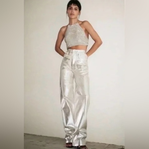 NWT Zara Boy Boy Fit Jeans Metallic Silver Size 2 - Picture 1 of 12